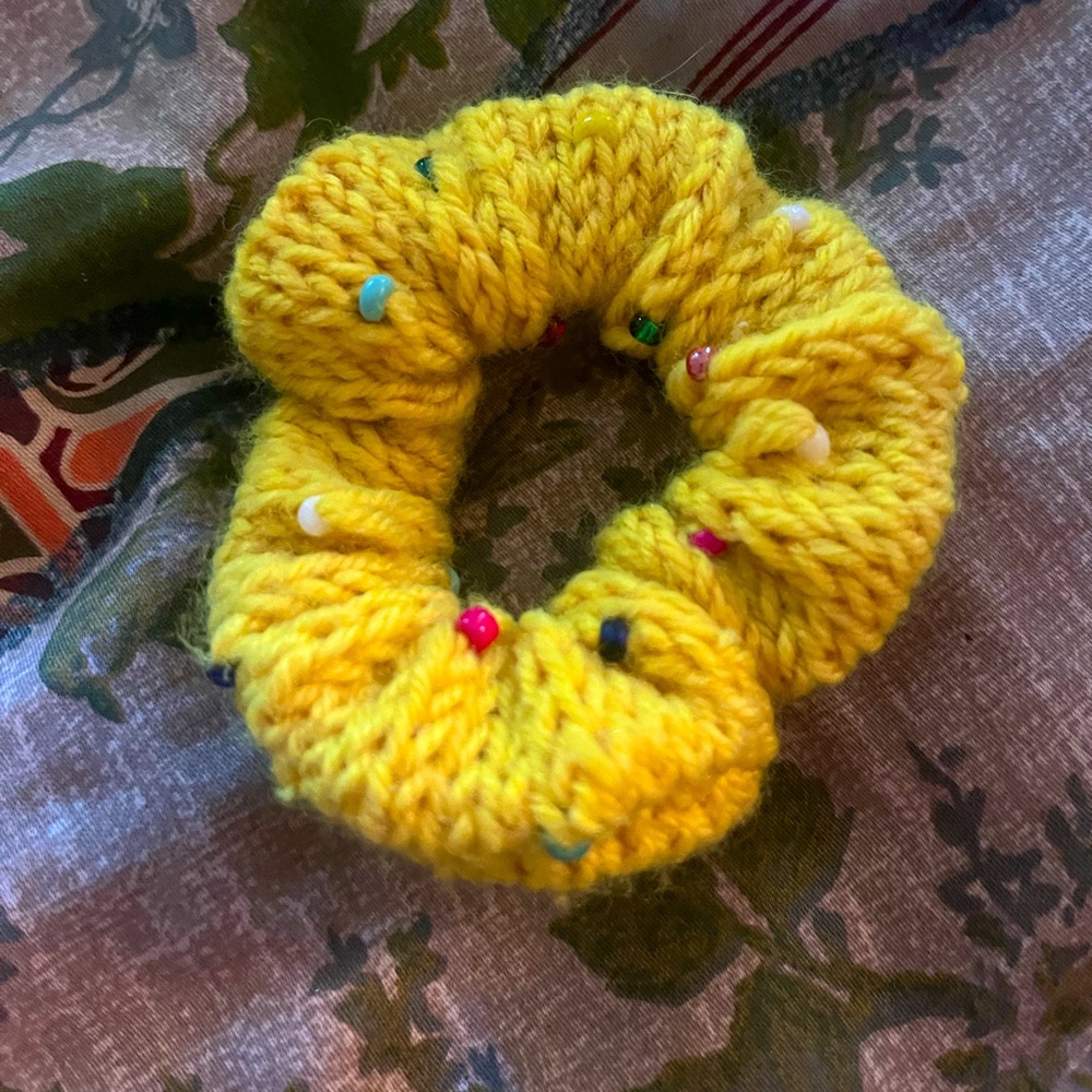 Hand knit beaded scrunchie bracelet